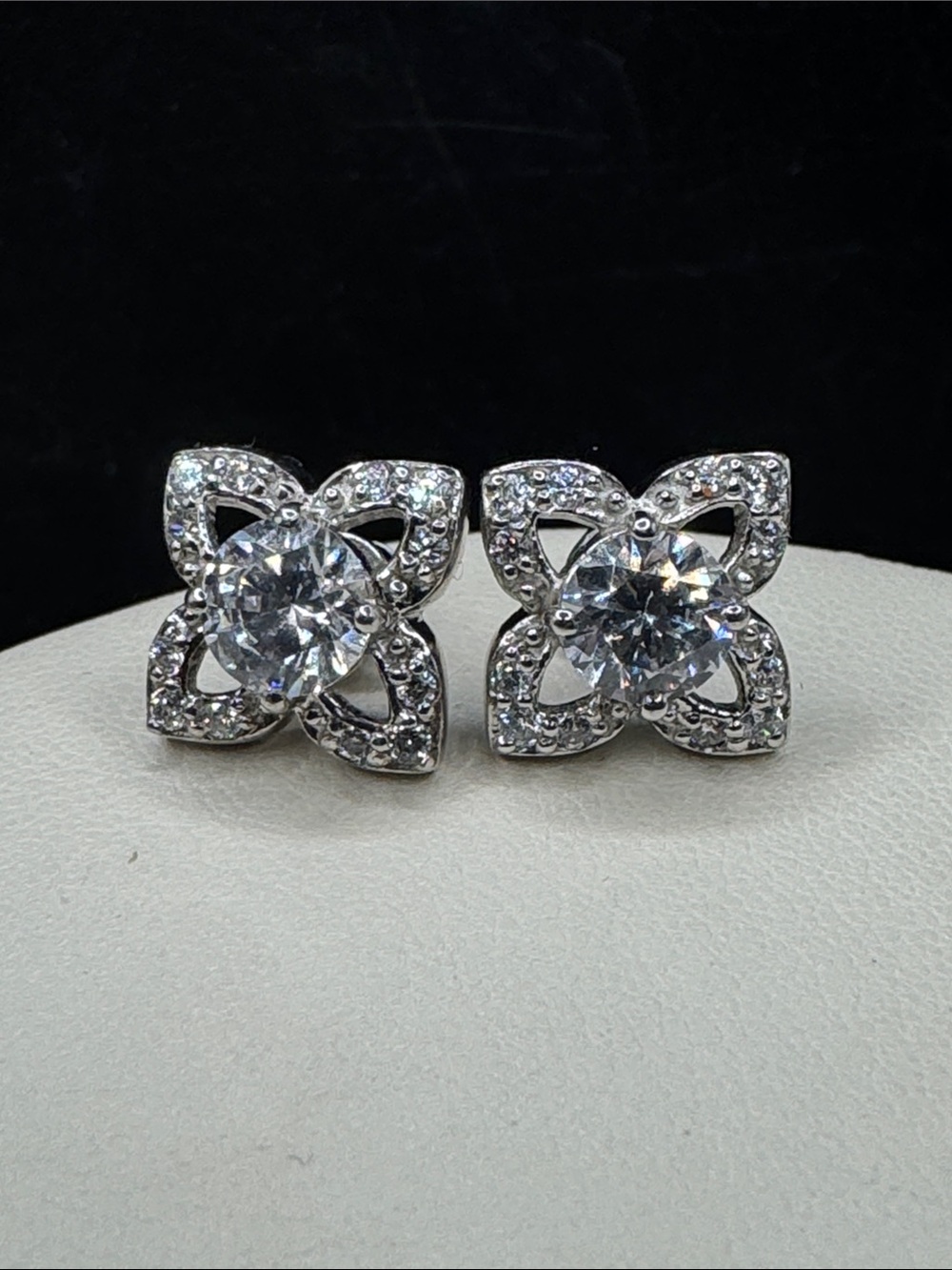 Sterling Silver Crystal Floral Stud Earrings - Clear Crystal